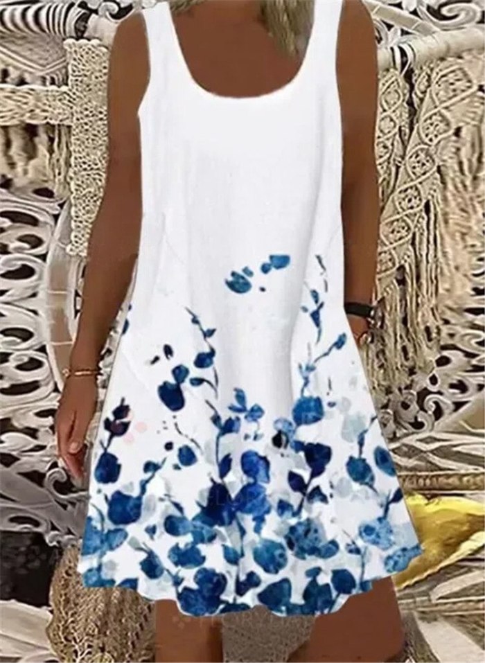 Floral Print Women Slim Fit Mini Dress Summer Sexy Sleeveless Round Neck Denim Style Casual Large Size 3XL Loose Dress Vestido