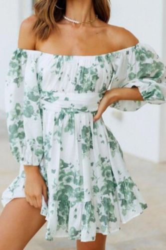 New Arrival Print Summer Casual Slash Neck Lantern Sleeves Ruffles Dress