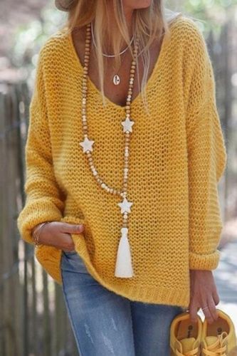 Women Fashion V-neck Loose Solid Color  Knitwear