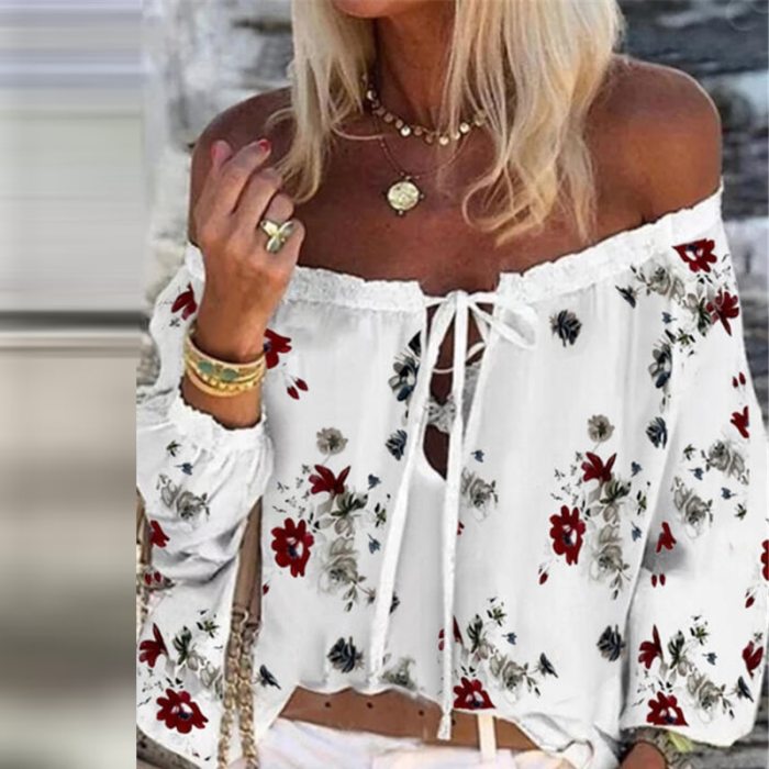 2021 Boho Blouse Elegant Floral Print Flare Sleeve Shirt Sexy Lace-up Tassel Off Shoulder Women Tops Spring Summer Chic Blouses