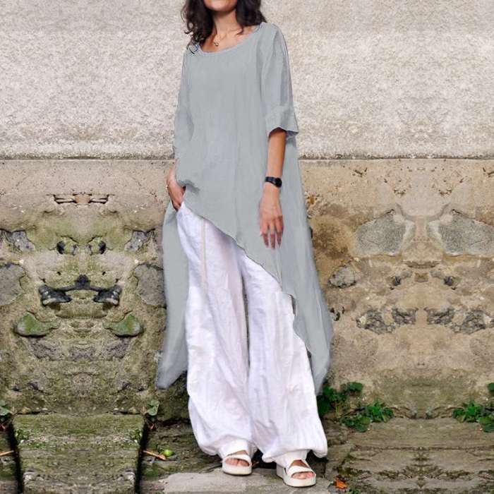 Women Casual Loose Long Blouses Celmia Cotton Linen Tops 2021 Summer Half Sleeve Asymmetric Shirts Solid Blusas Plus Size S-5XL