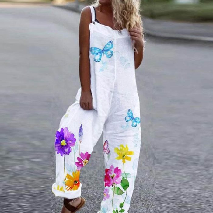 Women Fashion Off Shoulder Strappy Jumpsuits Elegant Daisy Floral Print Romper Overalls Sexy Harajuku Loose Long Pants Playsuits