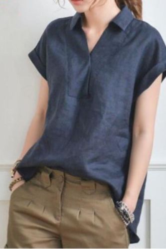 Female Casual Lapel Solid V-neck Cotton Linen T-shirts