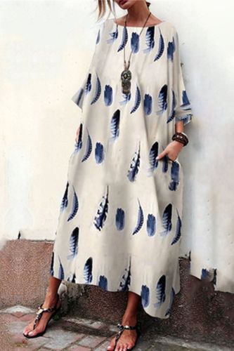 Plus Size Dress Women Summer Fashion Casual Feather Print Loose Three Quarter Long Dress Lugentolo