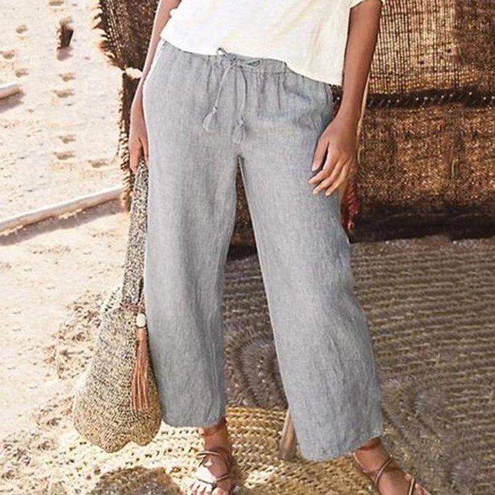 Summer Women's Fashion Solid Straight Leg Elastic Strap Pants