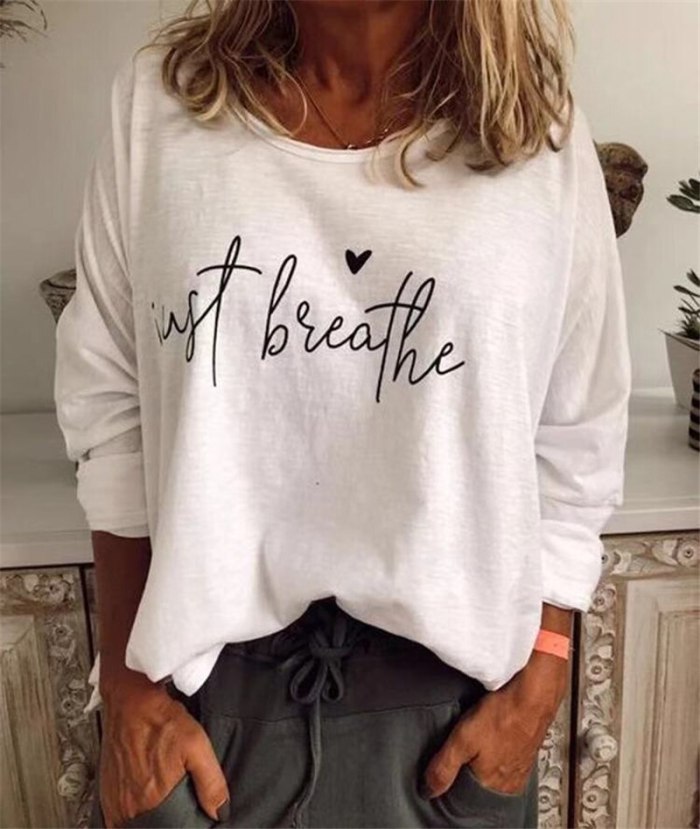 Full Sleeve Letter Summer Tshirts For Women Loose Plus Size Round Neck Tops tee lady Casual Tees Shirt