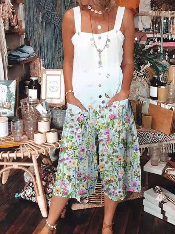 Women Casual Fashion Long Jumpsuit Square Collar Sling Sleeveless Print Floral Buttons Pockets Wide Leg Pants Cool Summer 2021