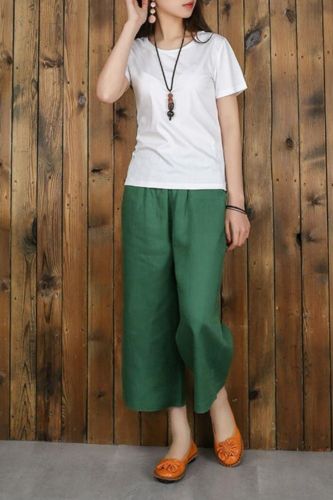 New Arrival Summer Style Women Pants Plus Size High Waist Loose Casual Wide Leg Pants Solid Cotton Linen Calf-length Pants D164
