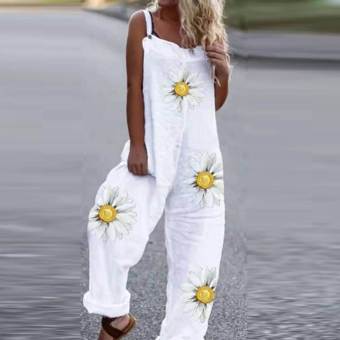 Women Fashion Off Shoulder Strappy Jumpsuits Elegant Daisy Floral Print Romper Overalls Sexy Harajuku Loose Long Pants Playsuits