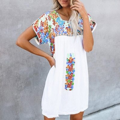 2021 new women summer dress fashion short sleeve v neck printed flower  loose dress cover casual ladies plus size dress