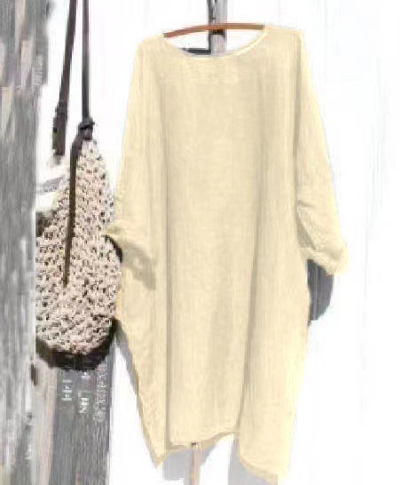 2021 Hot Style Loose Solid Color Cotton And Linen Stitching Round Neck Simple Long-Sleeved Dress