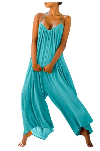 Women Casual Solid Button Loose Summer Jumpsuit