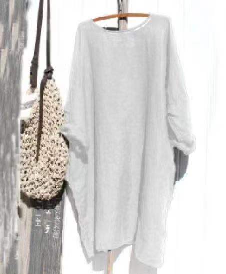 2021 Hot Style Loose Solid Color Cotton And Linen Stitching Round Neck Simple Long-Sleeved Dress