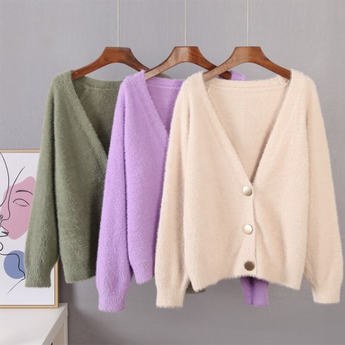 2021 Fall Winter Single-Breasted Women's Short Cardigan Soft Flexible Knitted Outwear Elegant Full Sleeve Mohair V-neck Sweaters