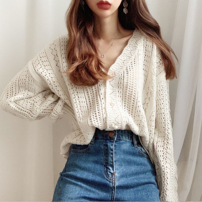 Fashion Women V Neck Elegant Knitted Hollow Out Knitwear