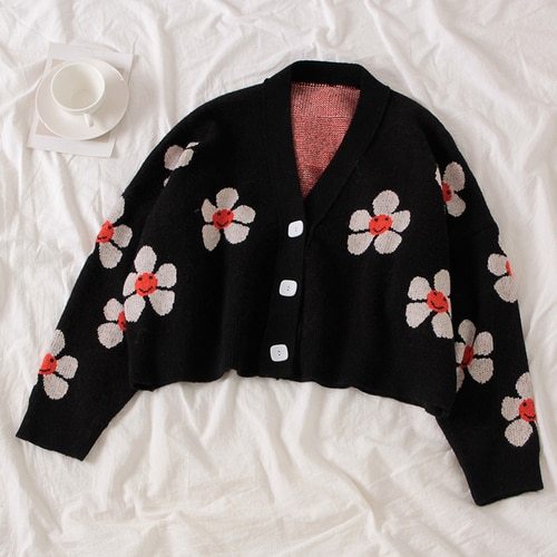 Style Flower Knit Cardigans Sweater Women V Neck Loose elegaht Thicked Pull Femme Print Short Casual Coat 46565