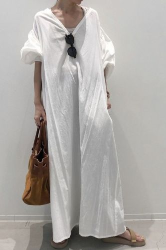 Women Long-sleeved Maxi Dress Fashion A-line Standard Waist Pullover Casual Dress White Summer Plain Loose V Neck Long Dresses
