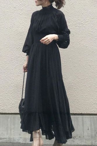 Stand Collar Black Dress Elegant Korean Fashion Pullover Women One Piece Long Sleeve High Waist Ladies Large Ruffle Maxi Dresses
