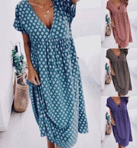Short Sleeve Cotton-Blend V Neck Dresses