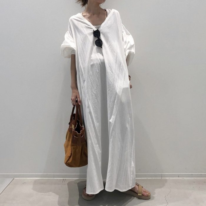 Women Long-sleeved Maxi Dress Fashion A-line Standard Waist Pullover Casual Dress White Summer Plain Loose V Neck Long Dresses