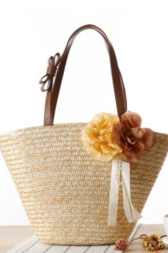 New Pastoral Two-Flower-Straw Woven Bag, Solid Color, One-Shoulder Hand-Woven Bag, Beach Bag, Female Bag