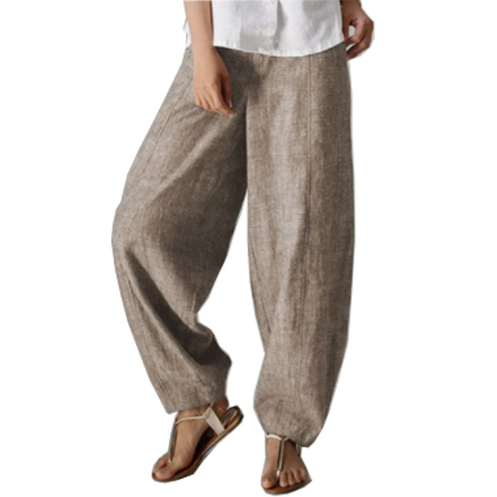 Pockets Natural Casual Plain Linen Pants