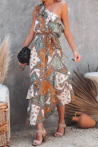 2021 New High-end Plus Size Indie Folk Chiffon Long Dress One Off Shoulder Women High Waist Asymmetrical Maxi Dress