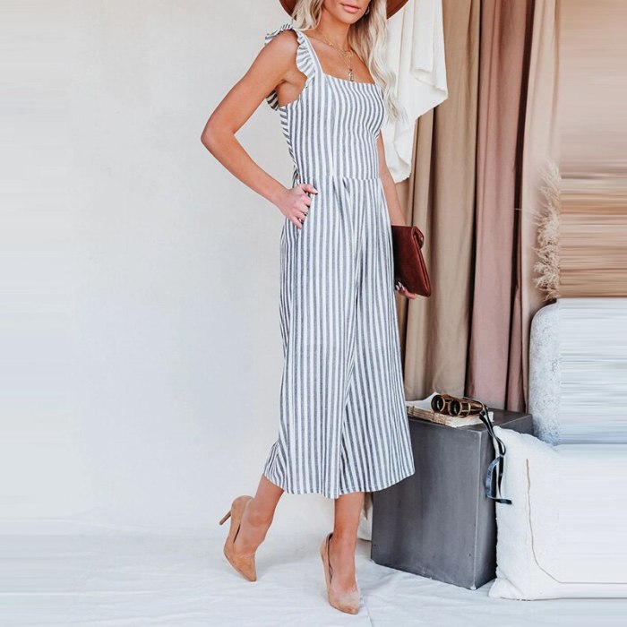 Folds Striped Slim Jumpsuit 2021 Summer Fashion Sexy Petal Edge Sling Backless Rompers Women's Pocket Casual Straight-Leg Pants