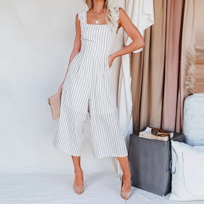 Folds Striped Slim Jumpsuit 2021 Summer Fashion Sexy Petal Edge Sling Backless Rompers Women's Pocket Casual Straight-Leg Pants