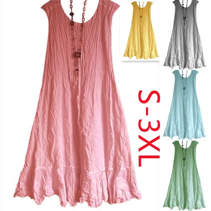 2021 Summer Amazon Retro Loose Cotton And Linen Women'S Solid Color Mid-Length Sleeveless Ruffle Dress Women