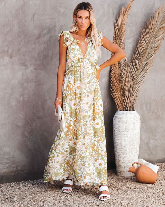 Floral Print Sleeveless Lotus Leaf Backless Party Dress