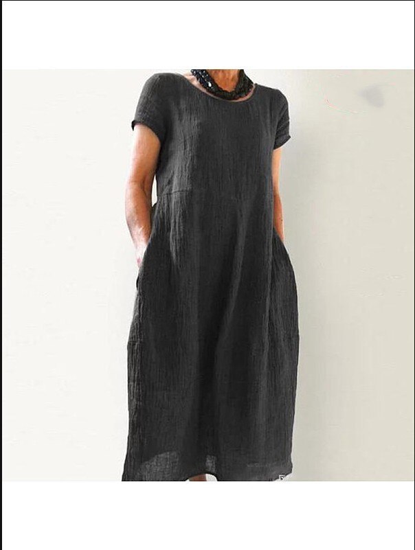 2021 Women's Casual and Comfortable New Chinese Style Loose Round Neck and Ankle Solid Color Large Size Cotton and Linen Dress