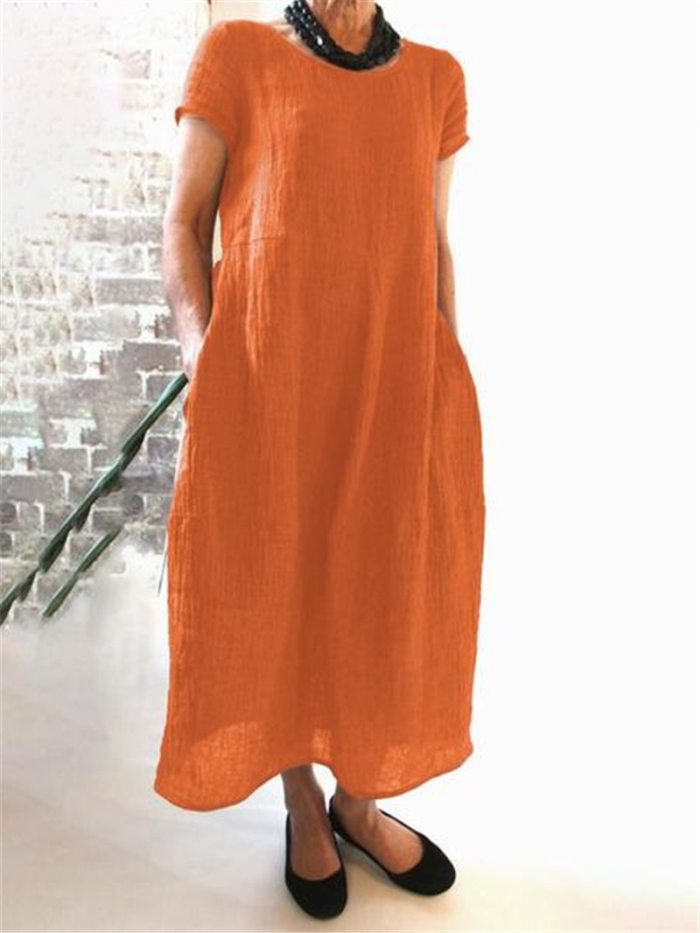 2021 Women's Casual and Comfortable New Chinese Style Loose Round Neck and Ankle Solid Color Large Size Cotton and Linen Dress