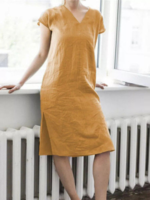 2021 New V-Neck Solid Color Cotton And Linen Midi Dress