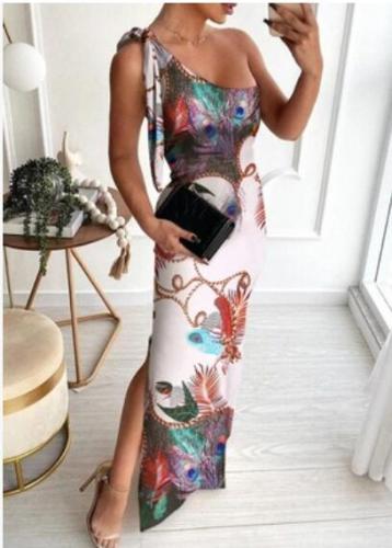 2021 Top Quality Vintage Sexy Holiday Long Dress One Off Shoulder Spaghetti Strap Women High Waist Thin Maxi Dress