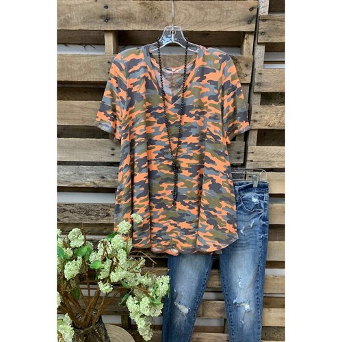 Spring Summer Women's Top Printed Camouflage Round Neck Short Sleeve Shirt