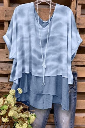 2021 Ladies Tie-Dye Multi-Layer Stitching Short-Sleeved T-Shirt