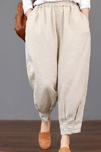 2021 Summer Trousers Women Pockets Solid Loose Elastic Waist Harem Pants Cargo Baggy Cotton Linen Pantalon Plus Size