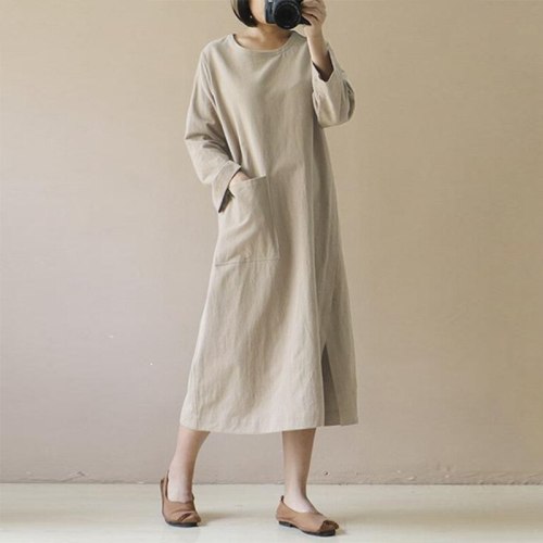 S-5XL Loose Cotton Linen Women Midi Dress Casual Long Sleeve Split Female Spring Autumn Robe Pocket Sudress Plus Size 120850WLA