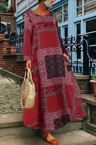 Long Floral Vintage Print Maxi Dress Flax Linen Sukienka Plus Size Dresses For Women 3xl 4xl 5xl Retro Style Scoop Neck Dress