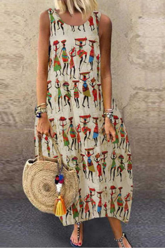 2021 Summer Women Dress Vintage Printed Sleeveless Sundress Tanks Vestido Sarafans Loose Cotton Linen Dresses Robe Femme