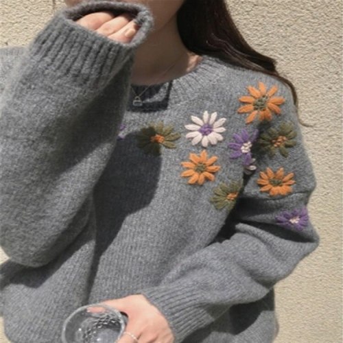 Vintage Embroidery Sweater Pullover Women Autumn Winter Korean Fashions O-Neck Loose Sweaters Knit Jumper Oversized Sueter Mujer