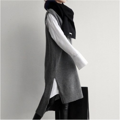 2021 Korean INS wind sweater vest short front and back long vest skirt knitted V-neck thickened mid-length sweater skirt