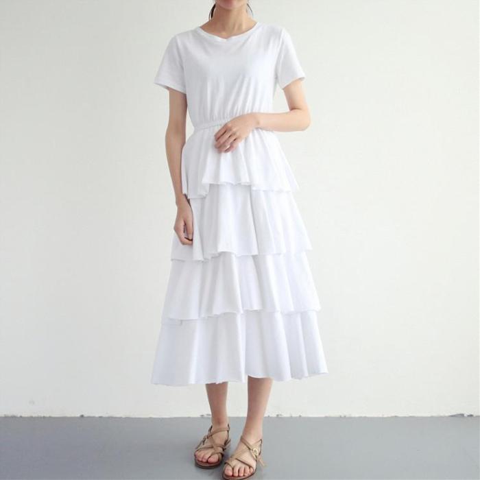 2021 summer fashion New preppy style Women high waist Cake Short Sleeve slim Long Dress