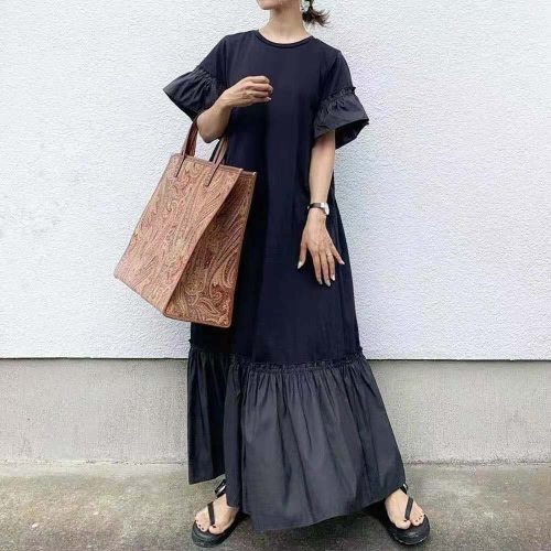 Japanese Women Dress Puff Sleeve 2021 Summer Ruffle Black Slim O-Neck A Line  Half Sleeve Loose Casual High Waist Dresses