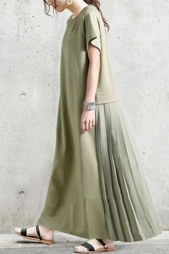 Women Pleated Round Neck A-line Simple Maxi Dress