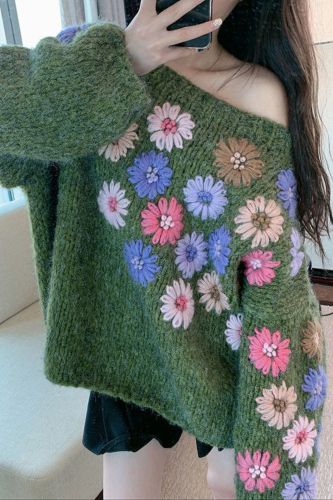 Neploe Pull Femme Floral Embroidery Pullover Women Sweater 2021 Sexy Strapless Bat Knitted Top Green Causal Loose Knitwear 56658