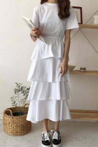 2021 summer fashion New preppy style Women high waist Cake Short Sleeve slim Long Dress