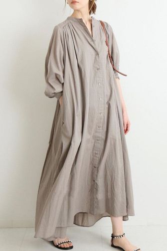 New Puff Sleeve Button Loose Solid Maxi Dress
