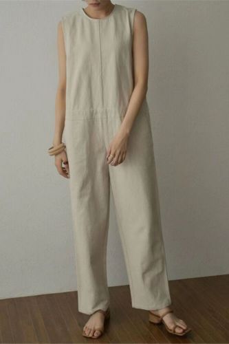 Japanese 2021 summer new solid color cotton and linen loose-breasted sleeveless jumpsuit